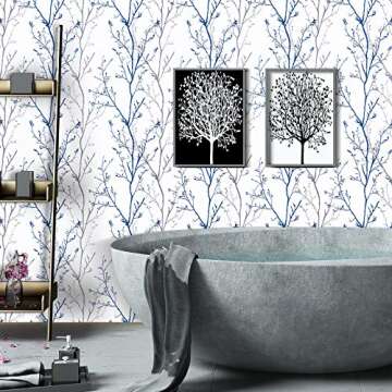 Melwod Grey Blue Tree Branches Peel and Stick Contact Paper 17.7" x 197" Modern Tree Branch Removabl...