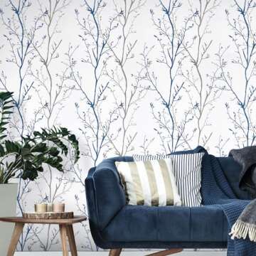 Melwod Grey Blue Tree Branches Peel and Stick Contact Paper 17.7" x 197" Modern Tree Branch Removable Wallpaper Natural Wall Paper Self-Adhesive Vinyl for Drawer Liner Furniture Crafts Accent Walls