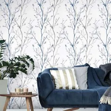 Melwod Grey Blue Tree Branches Peel and Stick Contact Paper 17.7" x 197" Modern Tree Branch Removable Wallpaper Natural Wall Paper Self-Adhesive Vinyl for Drawer Liner Furniture Crafts Accent Walls