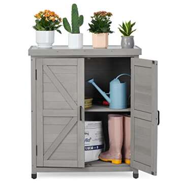 Outdoor Storage Cabinet & Potting Bench Table with Metal Top, Wooden Patio Furniture, Garden Worksta...