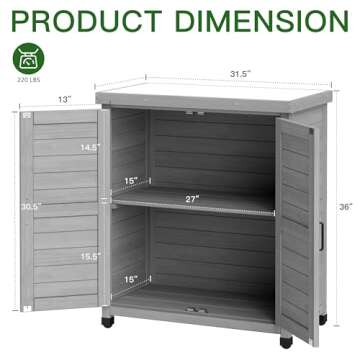 Outdoor Storage Cabinet & Potting Bench Table with Metal Top, Wooden Patio Furniture, Garden Workstation (Classic Grey, 36x31x17in)