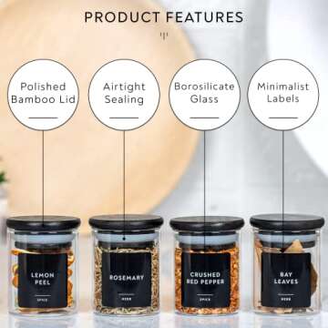 Laramaid 2.5oz 20Pack Spice Jars with Black Vinyl Spice Labels, Round Jars with Black Bamboo Lids, Minimalist Premium Labels, Adjustable Measuring Spoon and White Pen, Storage Container Canisters