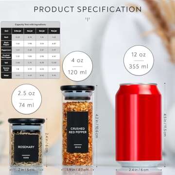Laramaid 2.5oz 20Pack Spice Jars with Black Vinyl Spice Labels, Round Jars with Black Bamboo Lids, Minimalist Premium Labels, Adjustable Measuring Spoon and White Pen, Storage Container Canisters