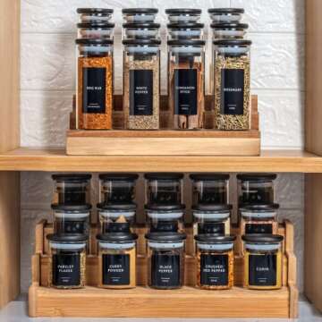 Laramaid 2.5oz 20Pack Spice Jars with Black Vinyl Spice Labels, Round Jars with Black Bamboo Lids, Minimalist Premium Labels, Adjustable Measuring Spoon and White Pen, Storage Container Canisters