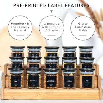 Laramaid 2.5oz 20Pack Spice Jars with Black Vinyl Spice Labels, Round Jars with Black Bamboo Lids, Minimalist Premium Labels, Adjustable Measuring Spoon and White Pen, Storage Container Canisters
