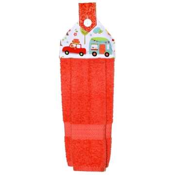 RV Camping Decor - Hanging Hand Towel - Coral Plush Towel - Retro Camping Trailer Print - Handmade by Green Acorn Kitchen