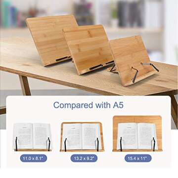 wishacc Book Stand XL-Large Size 15.4" x 11.0" Main Board-Adjustable Foldable Book Holder with Page Holder Clips - Holds Cookbooks, Receipe Books, Textbooks, Tablets, Laptops, Music Books, Documents