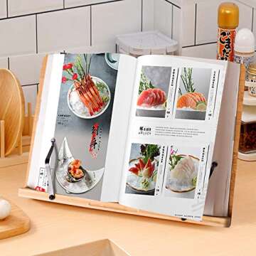 wishacc Book Stand XL-Large Size 15.4" x 11.0" Main Board-Adjustable Foldable Book Holder with Page Holder Clips - Holds Cookbooks, Receipe Books, Textbooks, Tablets, Laptops, Music Books, Documents