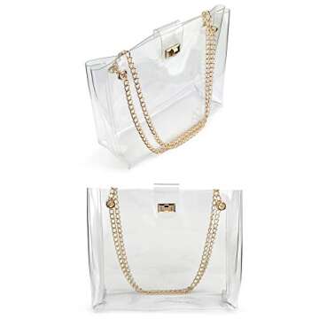 Multifunction Clear Chain Tote with Turn Lock Womens Shoulder Handbag (Clear)