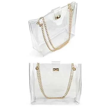 Multifunction Clear Chain Tote with Turn Lock Womens Shoulder Handbag (Clear)