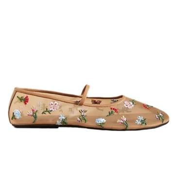 Mesh Ballet Flats for Women Embroidered Floral Mary Jane Flats Comfortable Casual Daily Dress Ballerina Shoes Nude