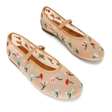 Mesh Ballet Flats for Women Embroidered Floral Mary Jane Flats Comfortable Casual Daily Dress Ballerina Shoes Nude