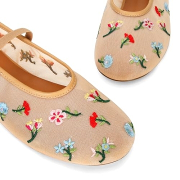 Mesh Ballet Flats for Women Embroidered Floral Mary Jane Flats Comfortable Casual Daily Dress Ballerina Shoes Nude
