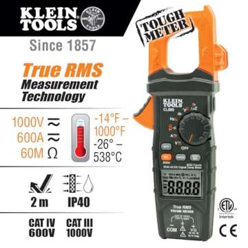 Klein Tools CL800 Digital Clamp Meter, Auto Ranging TRMS, AC/DC Volt/Current, LoZ, Continuity, Frequ...