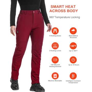 DEWBU Heated Pants for Women with 12V Battery Pack Fleece Lined Outdoor Softshell Pants Electric Heating Trousers, Women's Red, XL