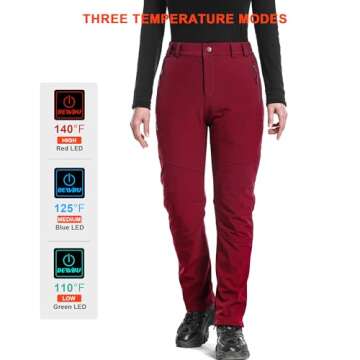 DEWBU Heated Pants for Women with 12V Battery Pack Fleece Lined Outdoor Softshell Pants Electric Heating Trousers, Women's Red, XL