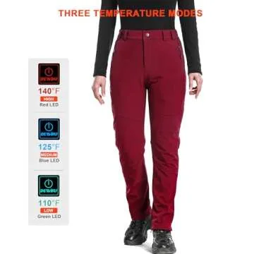DEWBU Heated Pants for Women with 12V Battery Pack Fleece Lined Outdoor Softshell Pants Electric Heating Trousers, Women's Red, XL