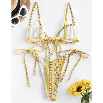 FEAPHY Women's Ethnic Print Floral Ribbed String Bikini Tie Side Triangle Swimwear (Ethnic-Yellow, M)