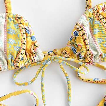 FEAPHY Women's Ethnic Print Floral Ribbed String Bikini Tie Side Triangle Swimwear (Ethnic-Yellow, M)