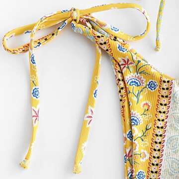 FEAPHY Women's Ethnic Print Floral Ribbed String Bikini Tie Side Triangle Swimwear (Ethnic-Yellow, M)