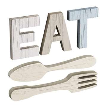 Heather & Willow EAT Sign + Fork and Spoon Wall Decor for Kitchen | Rustic Farmhouse Decoration | La...