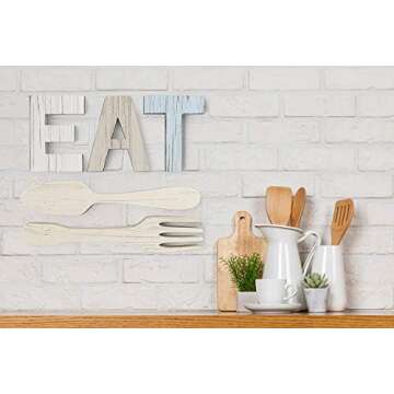 Heather & Willow EAT Sign + Fork and Spoon Wall Decor for Kitchen | Rustic Farmhouse Decoration | Large Wooden Letters for Family, Home & Dining Room
