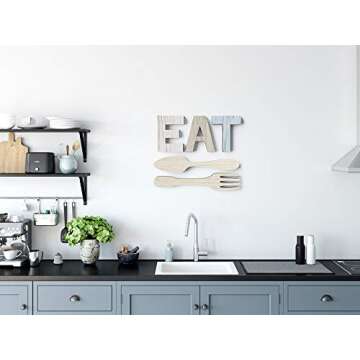 Heather & Willow EAT Sign + Fork and Spoon Wall Decor for Kitchen | Rustic Farmhouse Decoration | Large Wooden Letters for Family, Home & Dining Room