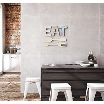 Heather & Willow EAT Sign + Fork and Spoon Wall Decor for Kitchen | Rustic Farmhouse Decoration | Large Wooden Letters for Family, Home & Dining Room