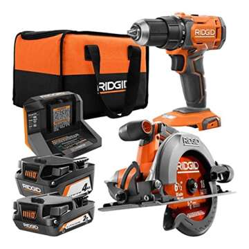 RIDGID 18V Cordless 1/2 in. Drill/Driver and 6-1/2 in. Circular Saw Combo Kit with 2.0 Ah and 4.0 Ah Battery, Charger, and Bag