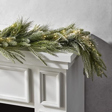 LampLust Christmas Garland with Lights, 6 Ft Lighted Garland with Pine Branches and Realistic Faux Snow, 100 LED Lights Battery Powered, Timer Included, Garland for Mantle Christmas Decorations
