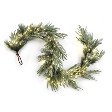 LampLust Christmas Garland with Lights, 6 Ft Lighted Garland with Pine Branches and Realistic Faux Snow, 100 LED Lights Battery Powered, Timer Included, Garland for Mantle Christmas Decorations