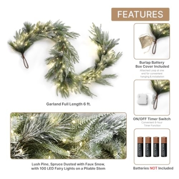 LampLust Christmas Garland with Lights, 6 Ft Lighted Garland with Pine Branches and Realistic Faux Snow, 100 LED Lights Battery Powered, Timer Included, Garland for Mantle Christmas Decorations