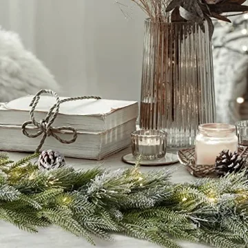 LampLust Christmas Garland with Lights, 6 Ft Lighted Garland with Pine Branches and Realistic Faux Snow, 100 LED Lights Battery Powered, Timer Included, Garland for Mantle Christmas Decorations