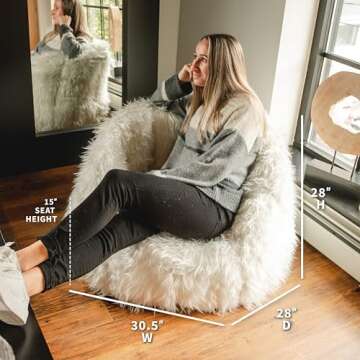 Big Joe Milano Bean Bag Chair, Ivory Shag Fur, Soft Faux Fur, 2.5 feet
