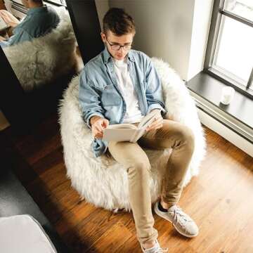 Big Joe Milano Bean Bag Chair, Ivory Shag Fur, Soft Faux Fur, 2.5 feet