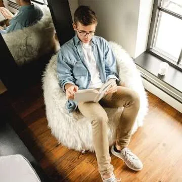 Big Joe Milano Bean Bag Chair, Ivory Shag Fur, Soft Faux Fur, 2.5 feet