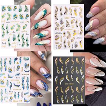 12 Sheets Nail Art Stickers Decals White Black Gold Stripe Line Nail Decals Self-Adhesive Marble Wav...