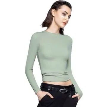 PUMIEY Women's Long Sleeve T Shirts Crew Neck Slim Fit Going Out Tops for Women Sexy Basic Tee, Sage Large
