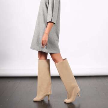 Women's Knee High Faux Suede Boots with Kitten Heel