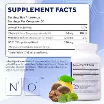 N1O1 Nitric Oxide Lozenges - 60 Count - Nitric Oxide Booster for Heart Health, Circulation, Energy, Blood Flow, Oxygenation, Healthy Blood Pressure, Cardiovascular Support Supplement for Men & Women