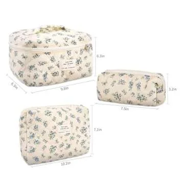 GISMTR 3Pcs Cotton Quilted Makeup Bag Large Travel Cosmetic Bag Coquette Makeup Pouch Cute Aesthetic Floral Toiletry Bag for Women Girls (flower-P)