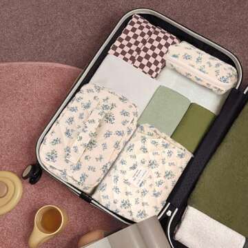 GISMTR 3Pcs Cotton Quilted Makeup Bag Large Travel Cosmetic Bag Coquette Makeup Pouch Cute Aesthetic Floral Toiletry Bag for Women Girls (flower-P)