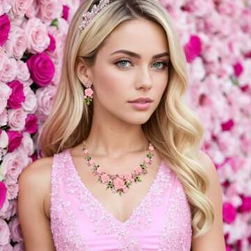 EVER FAITH Women's Crystal Simulated Pearl Pink Rose Flower Leaf Necklace Pierced Earrings Set Gold-Tone