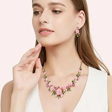 EVER FAITH Women's Crystal Simulated Pearl Pink Rose Flower Leaf Necklace Pierced Earrings Set Gold-Tone