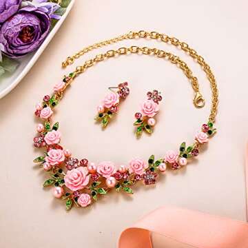 EVER FAITH Women's Crystal Simulated Pearl Pink Rose Flower Leaf Necklace Pierced Earrings Set Gold-Tone