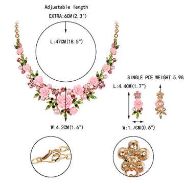 EVER FAITH Women's Crystal Simulated Pearl Pink Rose Flower Leaf Necklace Pierced Earrings Set Gold-Tone