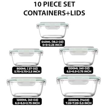 Razab 10 Pcs Glass Food Storage Containers with Lids – 74, 40, 27 & 18 Oz | Glass Meal Prep Contai...