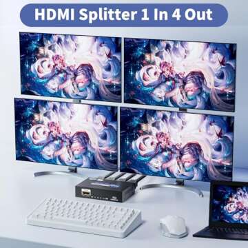 HDMI Splitter 1 in 4 Out 4K@30Hz, Powered 1x4 HDMI Video Splitter 4 Ports with Power Cord, Duplicate...