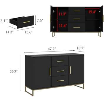AIEGLE Sideboard Buffet Cabinet with Storage, Wood Coffee Bar Cabinet, 47" Kitchen Cabinet with 3 Drawers & 2 Doors, Kitchen Buffet Cabinet Cupboard with Gold Metal Legs, Black