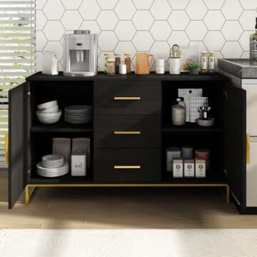 AIEGLE Sideboard Buffet Cabinet with Storage, Wood Coffee Bar Cabinet, 47" Kitchen Cabinet with 3 Drawers & 2 Doors, Kitchen Buffet Cabinet Cupboard with Gold Metal Legs, Black